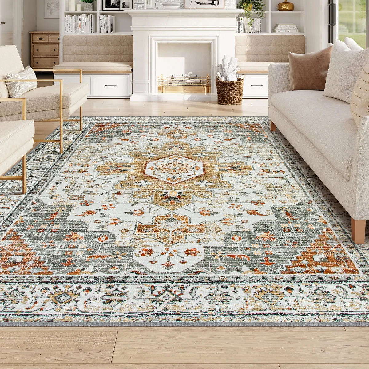 Helene Ultra-Thin Washable Vintage Floral Beige & Gold Area Rug
