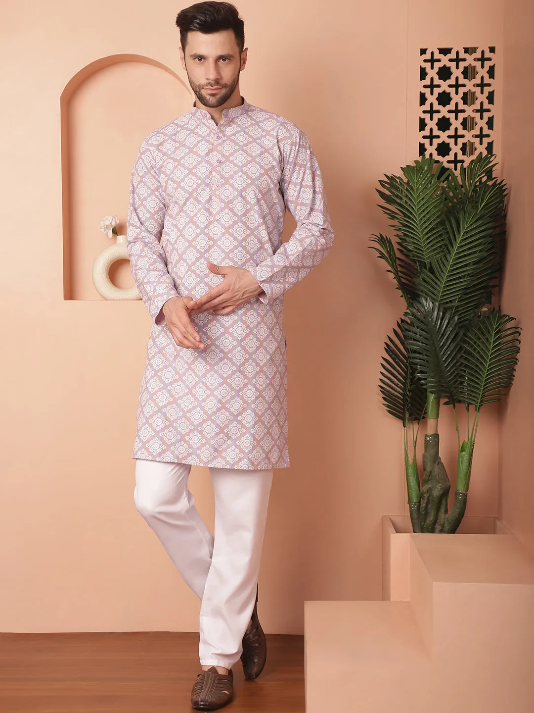 Men Purple And White Floral Printed Kurtas